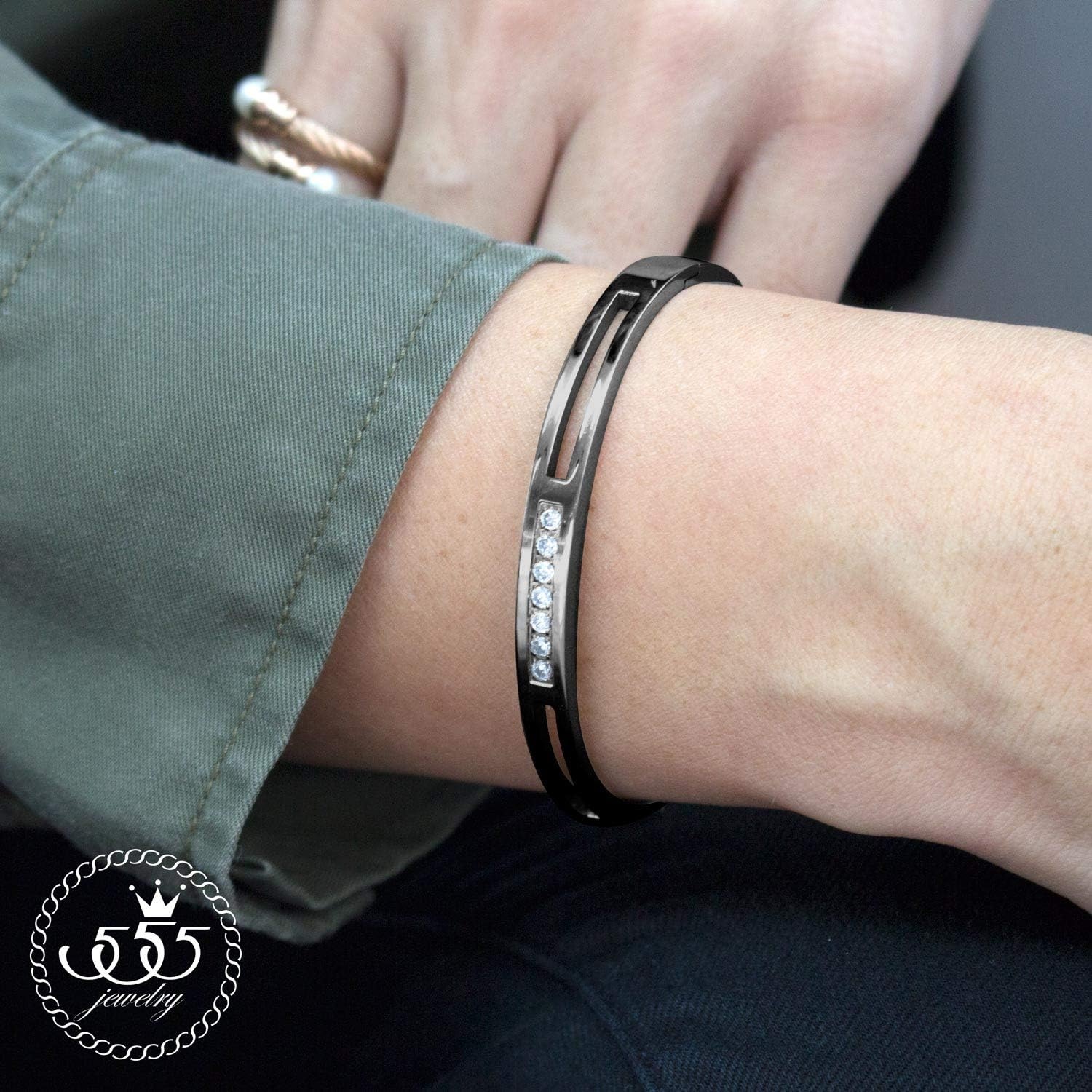 image:image555Jewelry Womens Stainless Steel Fashion CZ Studded Cuff Bangle BraceletBlack Grooved