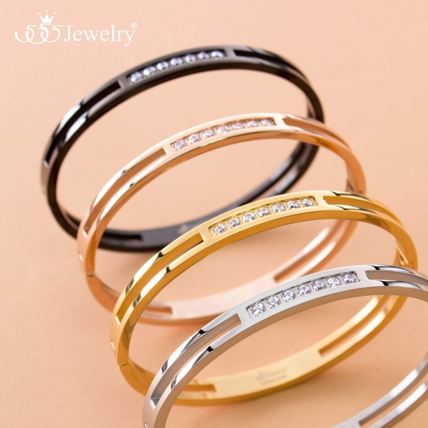 image:image555Jewelry Womens Stainless Steel Fashion CZ Studded Cuff Bangle BraceletBlack Grooved