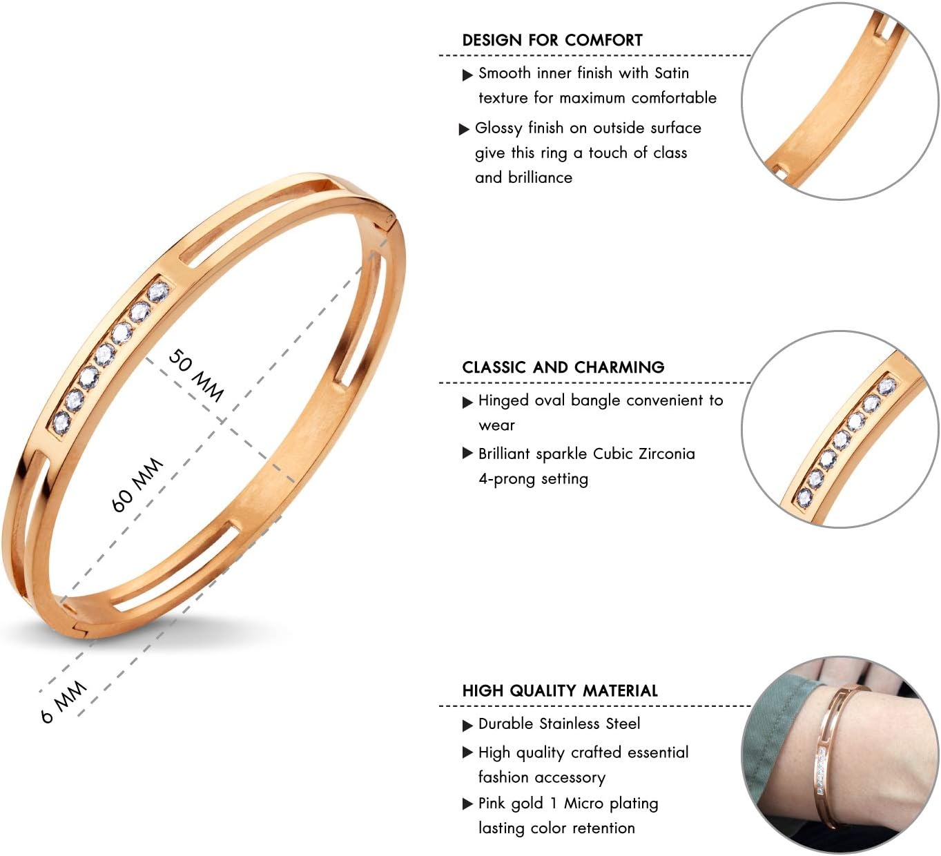 image:image555Jewelry Womens Stainless Steel Fashion CZ Studded Cuff Bangle BraceletPink Rose Gold Grooved