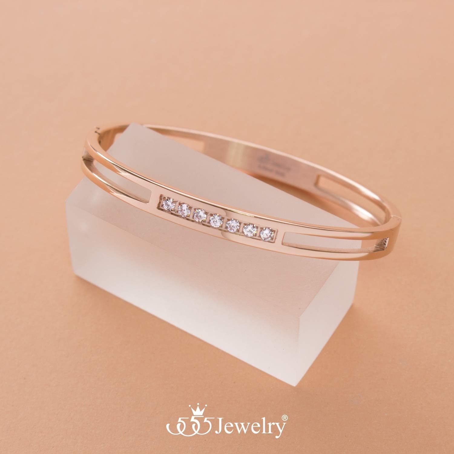 image:image555Jewelry Womens Stainless Steel Fashion CZ Studded Cuff Bangle BraceletPink Rose Gold Grooved