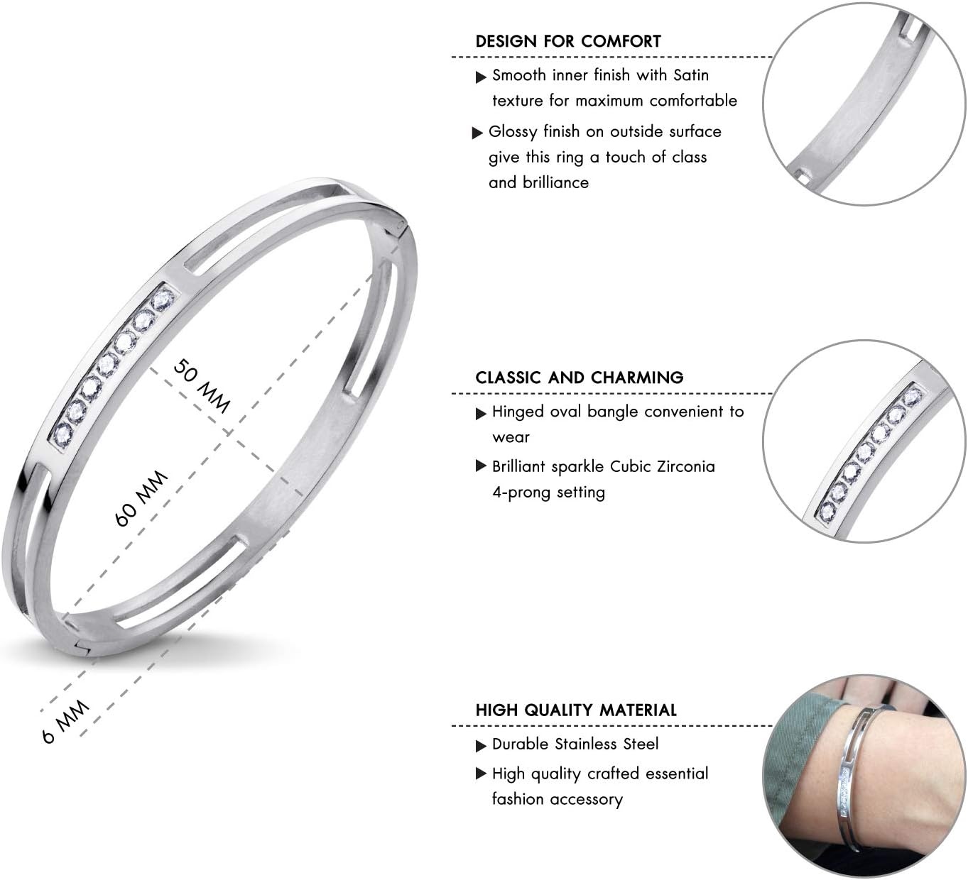 image:image555Jewelry Womens Stainless Steel Fashion CZ Studded Cuff Bangle BraceletSilver Grooved