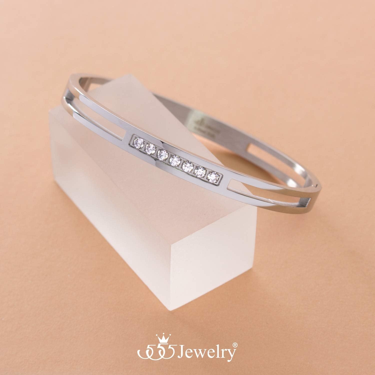 image:image555Jewelry Womens Stainless Steel Fashion CZ Studded Cuff Bangle BraceletSilver Grooved