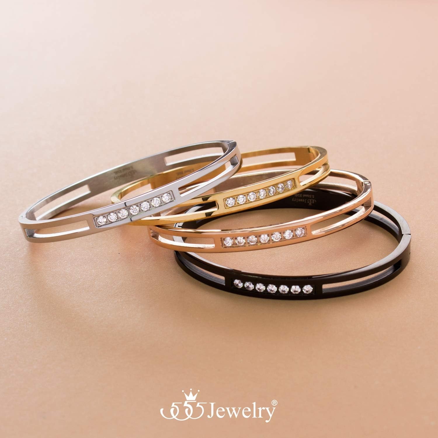 image:image555Jewelry Womens Stainless Steel Fashion CZ Studded Cuff Bangle BraceletYellow Gold Grooved