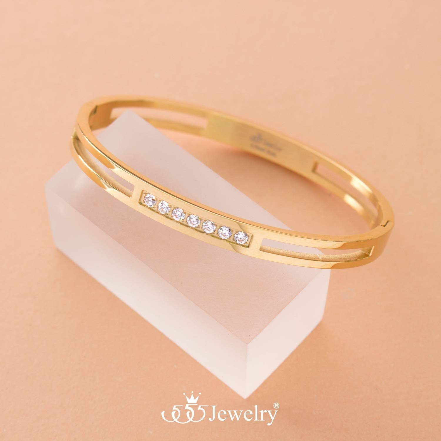 image:image555Jewelry Womens Stainless Steel Fashion CZ Studded Cuff Bangle BraceletYellow Gold Grooved