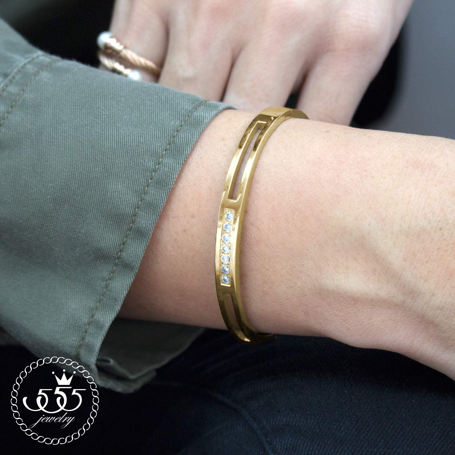 image:image555Jewelry Womens Stainless Steel Fashion CZ Studded Cuff Bangle BraceletYellow Gold Grooved