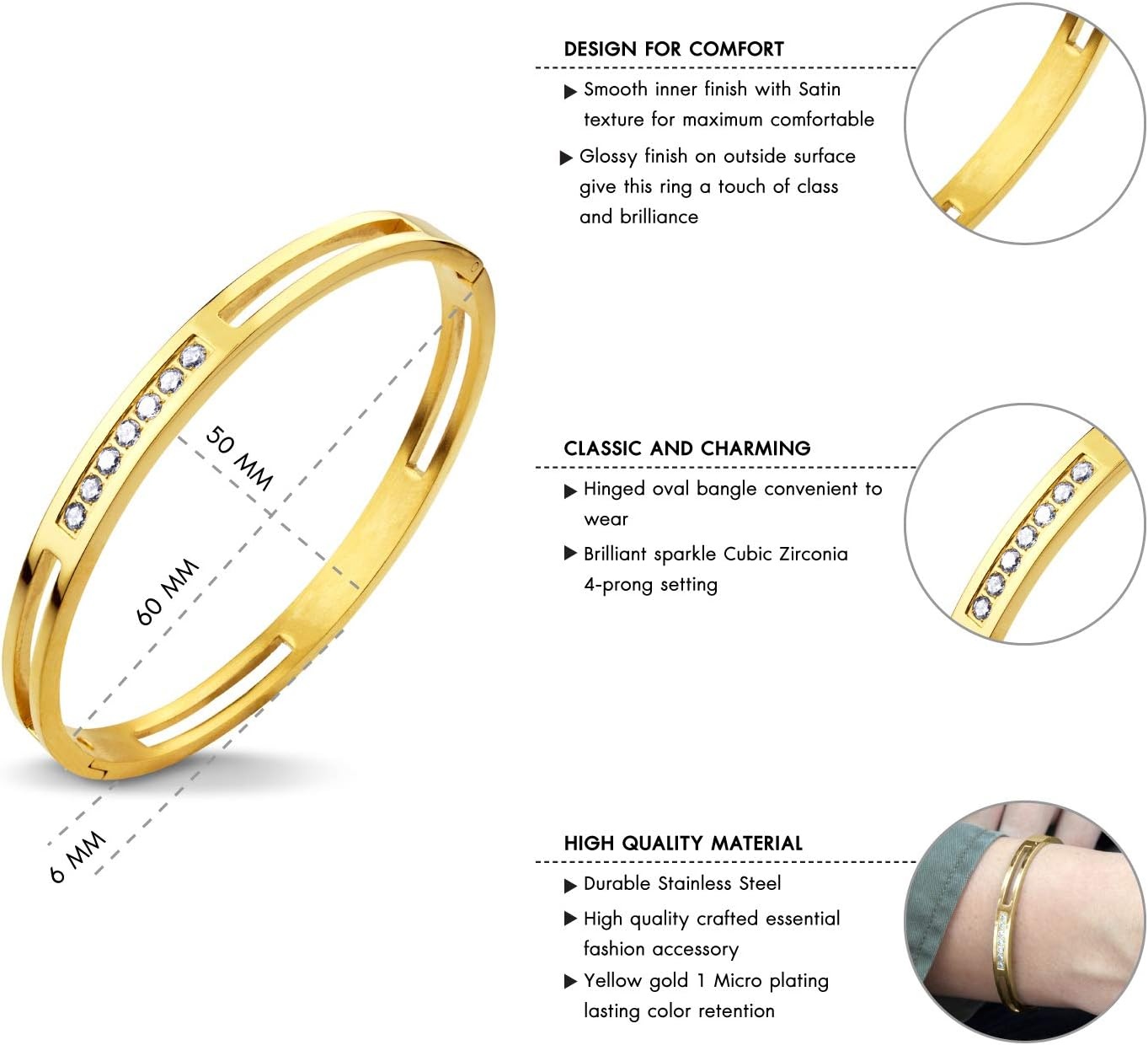 image:image555Jewelry Womens Stainless Steel Fashion CZ Studded Cuff Bangle BraceletYellow Gold Grooved