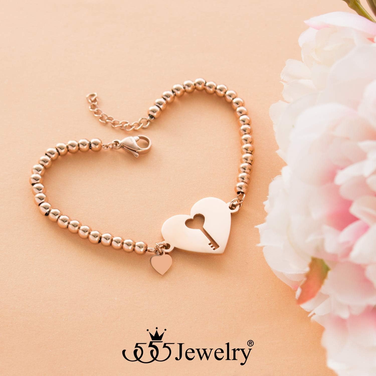 image:image555Jewelry Womens Stainless Steel Love Cute Heart Lock Key Charm Link BraceletPink Rose Gold