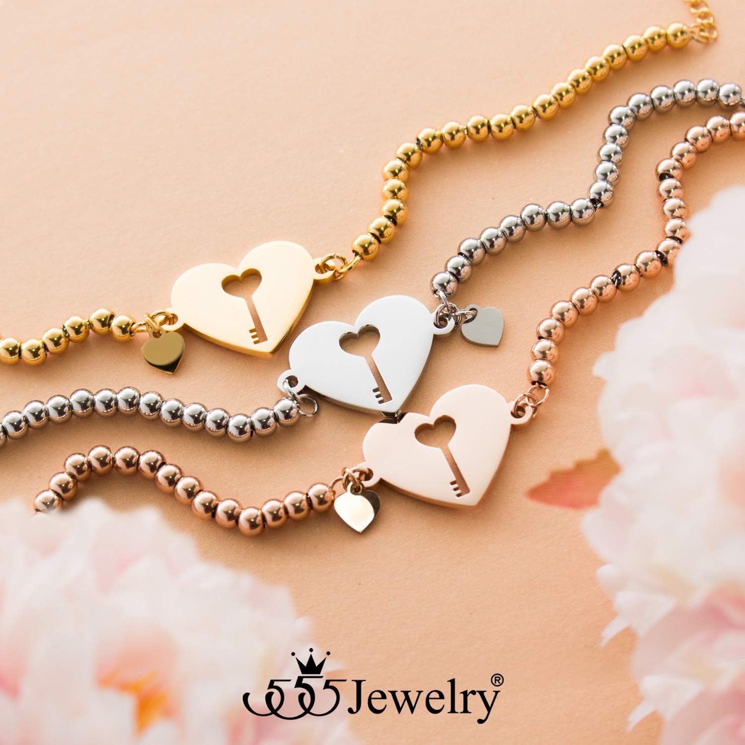 image:image555Jewelry Womens Stainless Steel Love Cute Heart Lock Key Charm Link BraceletPink Rose Gold
