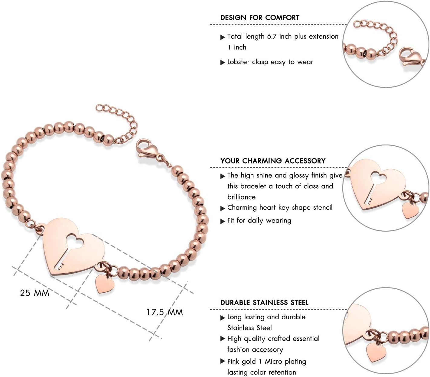 image:image555Jewelry Womens Stainless Steel Love Cute Heart Lock Key Charm Link BraceletPink Rose Gold