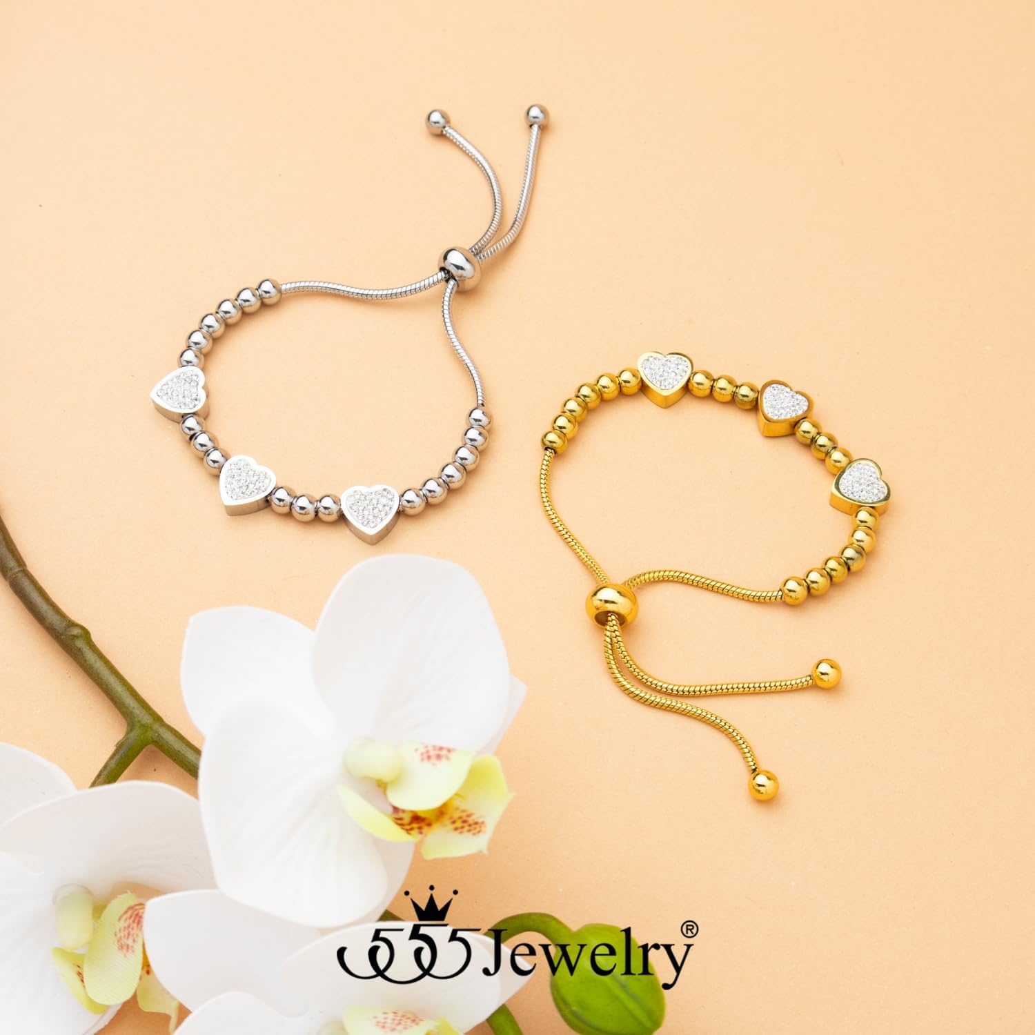 image:image555Jewelry Womens Stainless Steel Love Heart Charm Beaded Delicate Bracelet DanglingYellow Gold Style 2