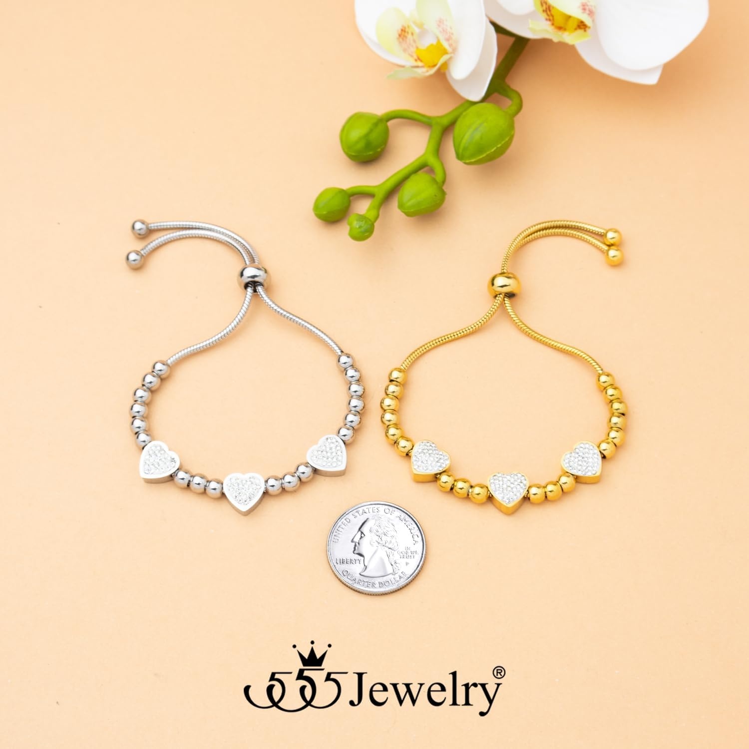 image:image555Jewelry Womens Stainless Steel Love Heart Charm Beaded Delicate Bracelet DanglingYellow Gold Style 2