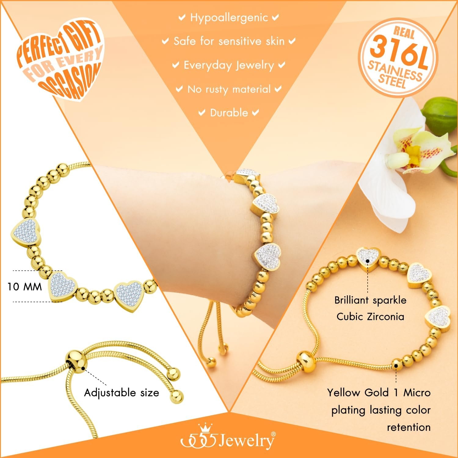 image:image555Jewelry Womens Stainless Steel Love Heart Charm Beaded Delicate Bracelet DanglingYellow Gold Style 2