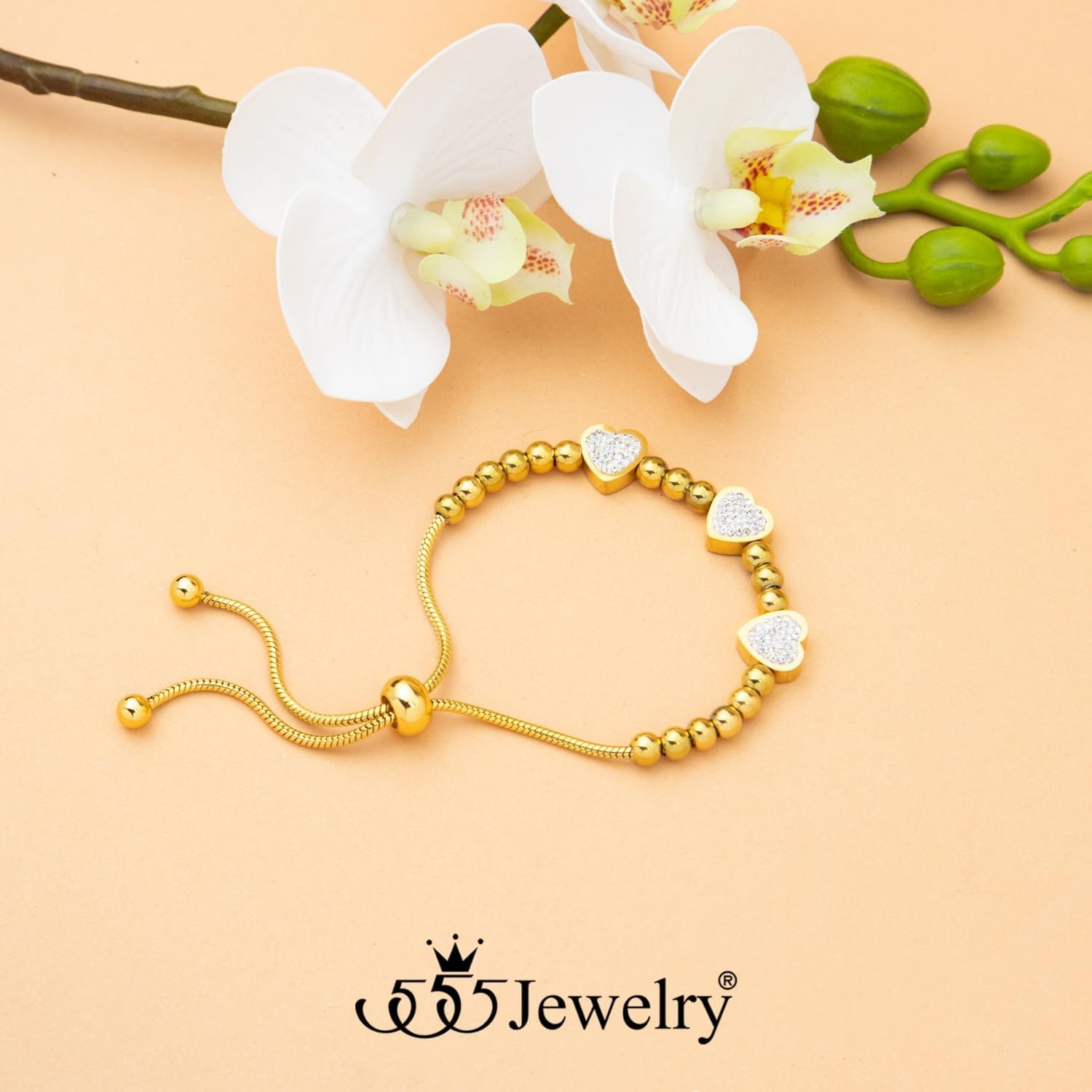 image:image555Jewelry Womens Stainless Steel Love Heart Charm Beaded Delicate Bracelet DanglingYellow Gold Style 2