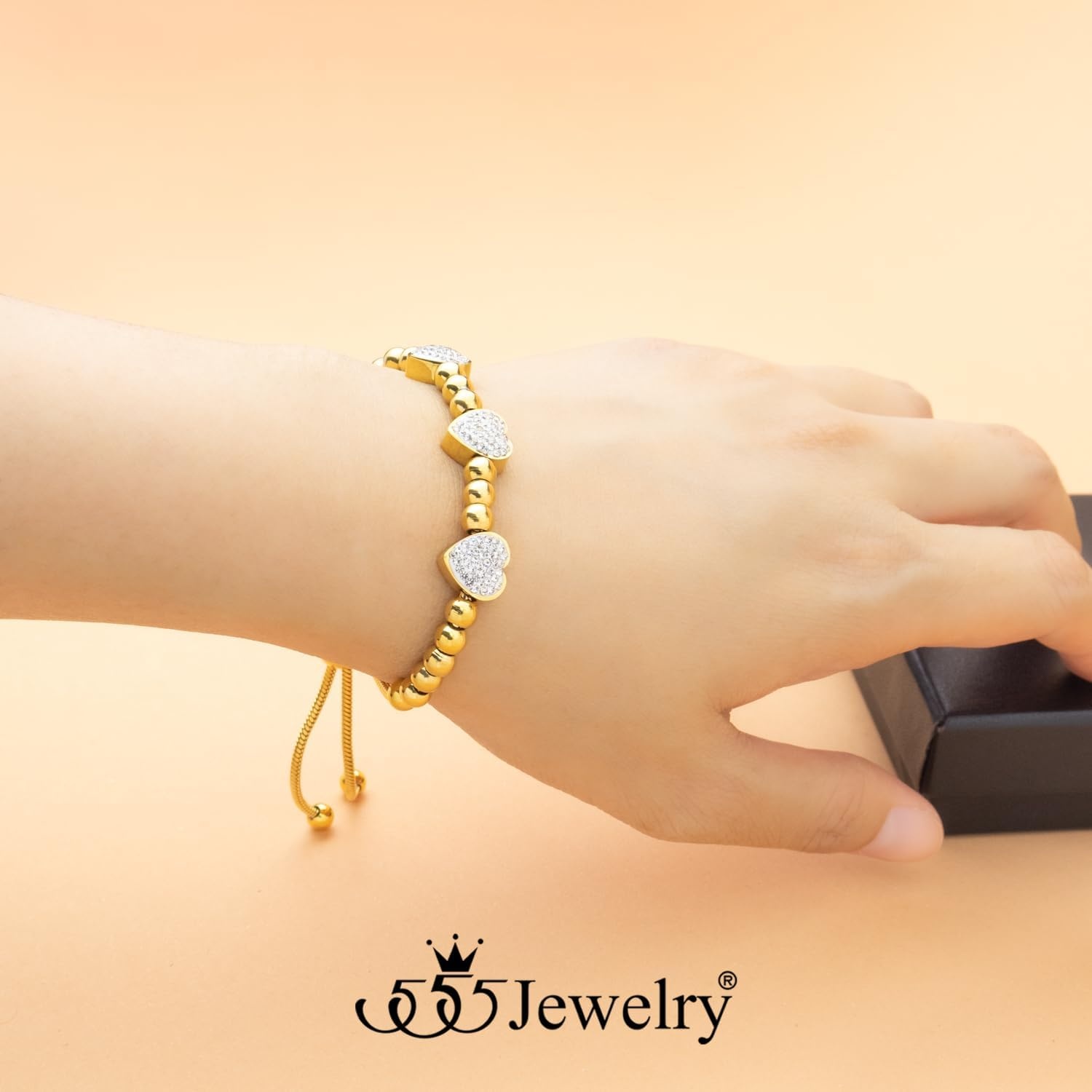 image:image555Jewelry Womens Stainless Steel Love Heart Charm Beaded Delicate Bracelet DanglingYellow Gold Style 2