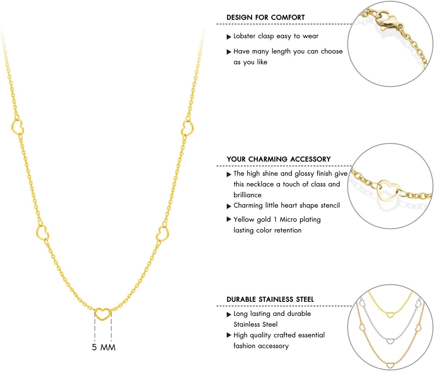 image:image555Jewelry Womens Stainless Steel Mini Multi Heart Love Dainty Chain NecklaceYellow Gold