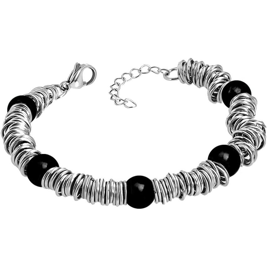 image:image555Jewelry Stainless Steel Extendable Charm Discs amp Beads Bracelet for WomenSilver Onyx