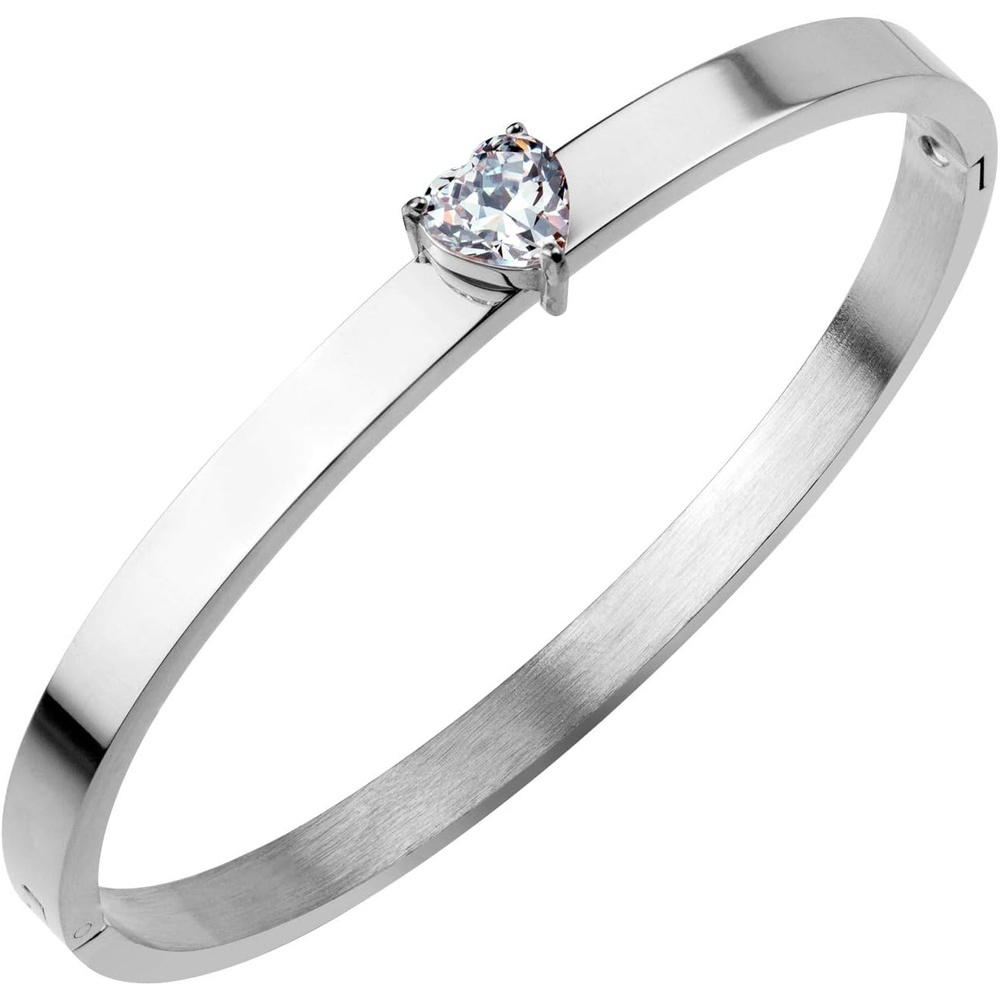 image:image555Jewelry Stainless Steel Hinge Lock Heart Shape CZ Cuff Bangle Bracelet for WomenSilver