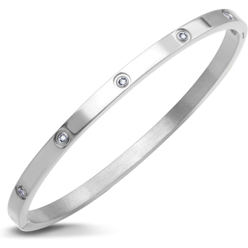 image:image555Jewelry Womens Sparkling Cubic Zirconia Secure Hinge Lock Bangle Stainless Steel BraceletSilver
