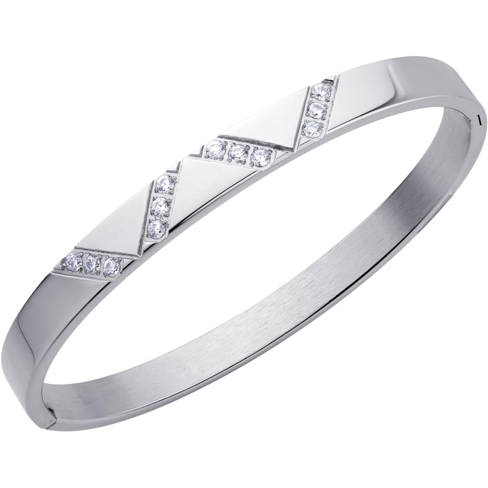 image:image555Jewelry Womens Sparkling Cubic Zirconia Secure Hinge Lock Bangle Stainless Steel BraceletSilver Style 2