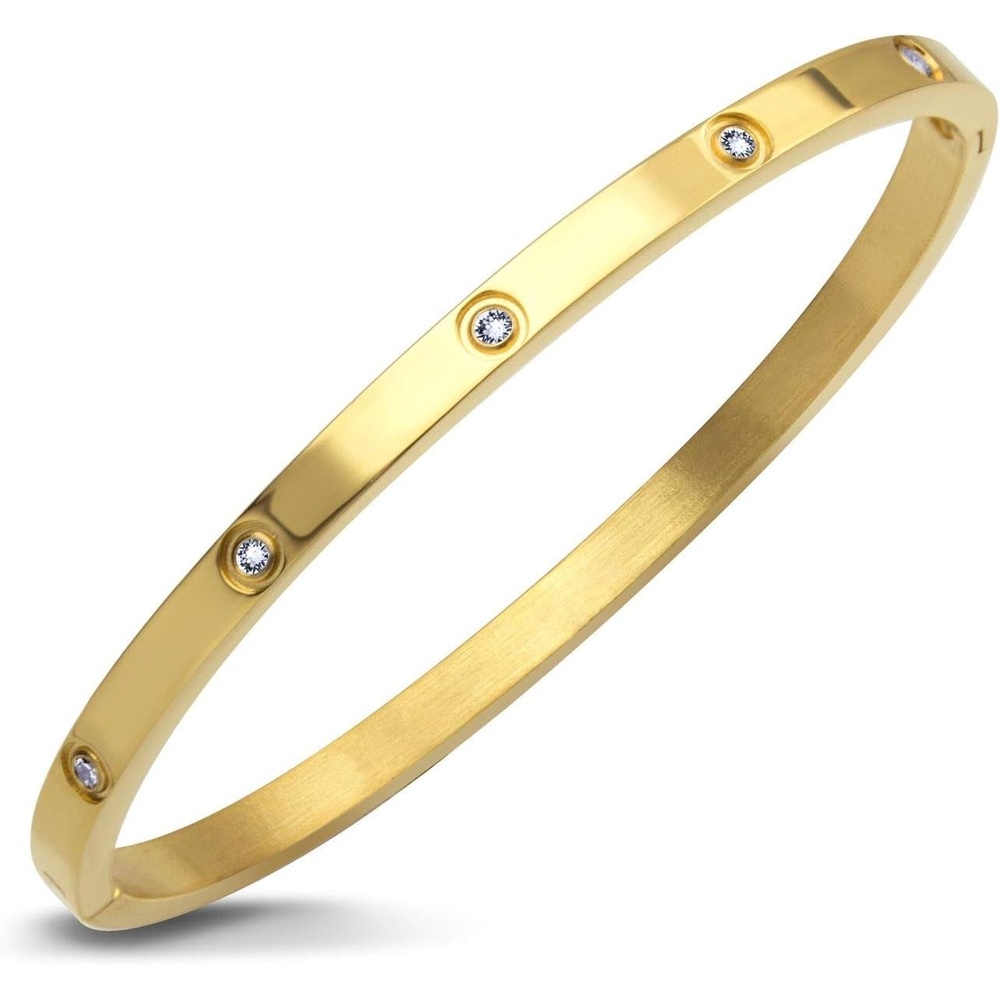 image:image555Jewelry Womens Sparkling Cubic Zirconia Secure Hinge Lock Bangle Stainless Steel BraceletYellow Gold