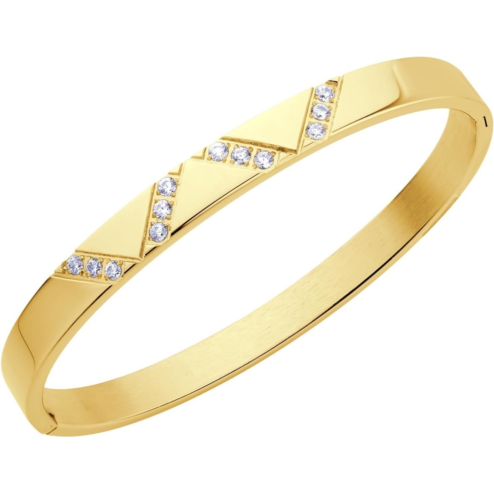 image:image555Jewelry Womens Sparkling Cubic Zirconia Secure Hinge Lock Bangle Stainless Steel BraceletYellow Gold Style 2