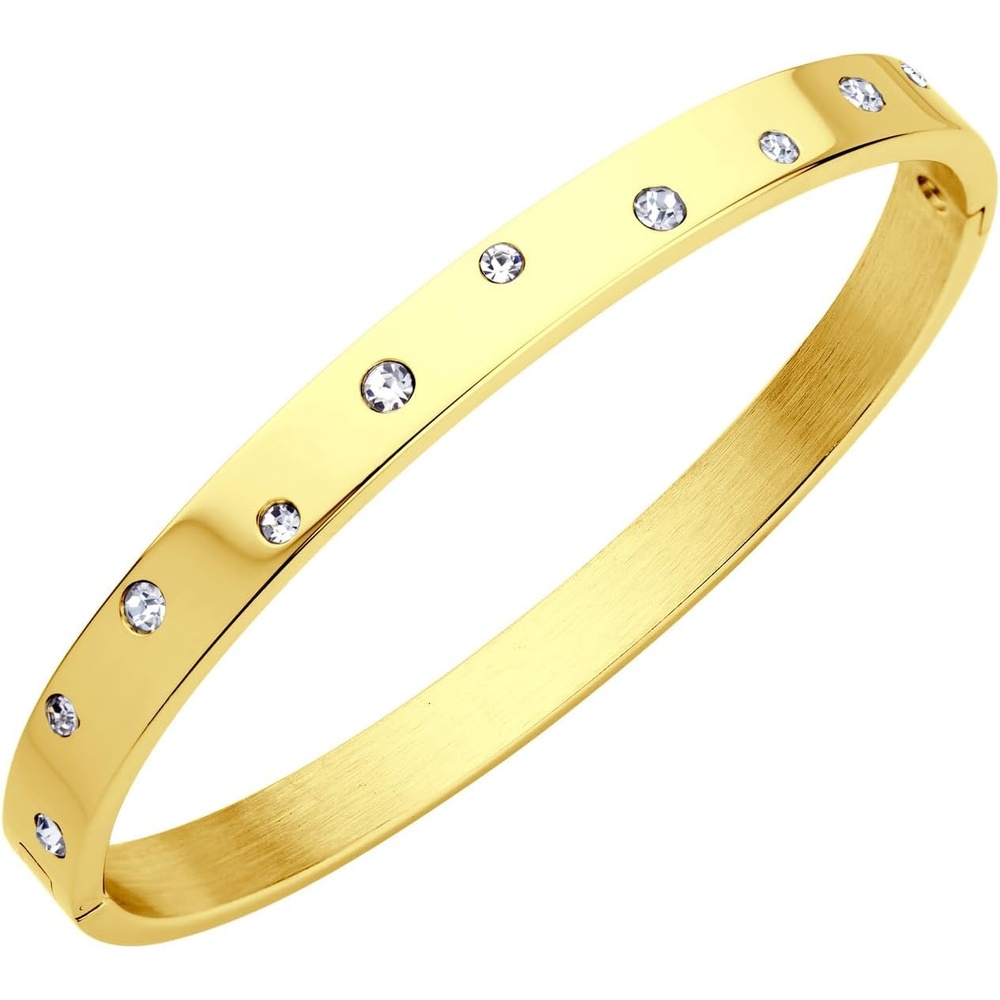 image:image555Jewelry Womens Sparkling Cubic Zirconia Secure Hinge Lock Bangle Stainless Steel BraceletYellow Gold Style 3