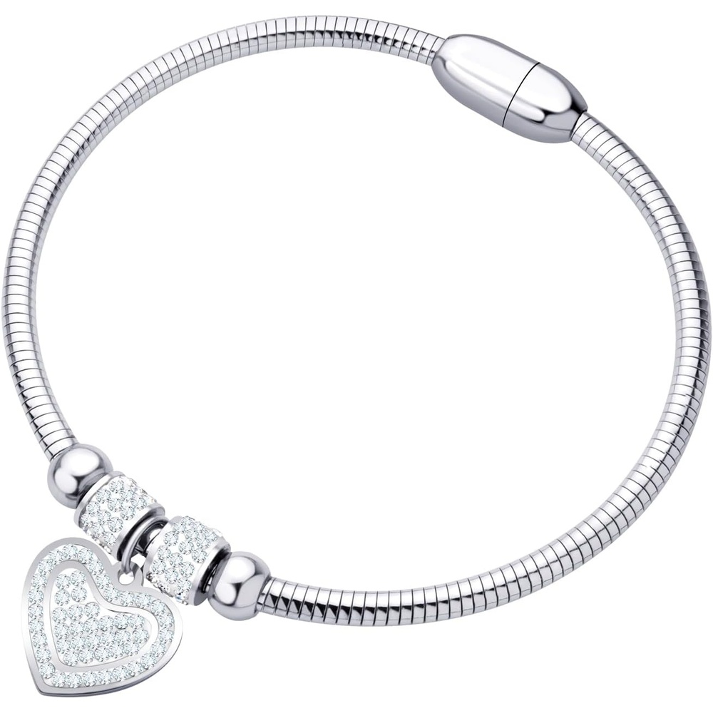 image:image555Jewelry Womens Sparkly Magnetic Clasp CZ Love Heart Charm Bangle BraceletSilver Style 3