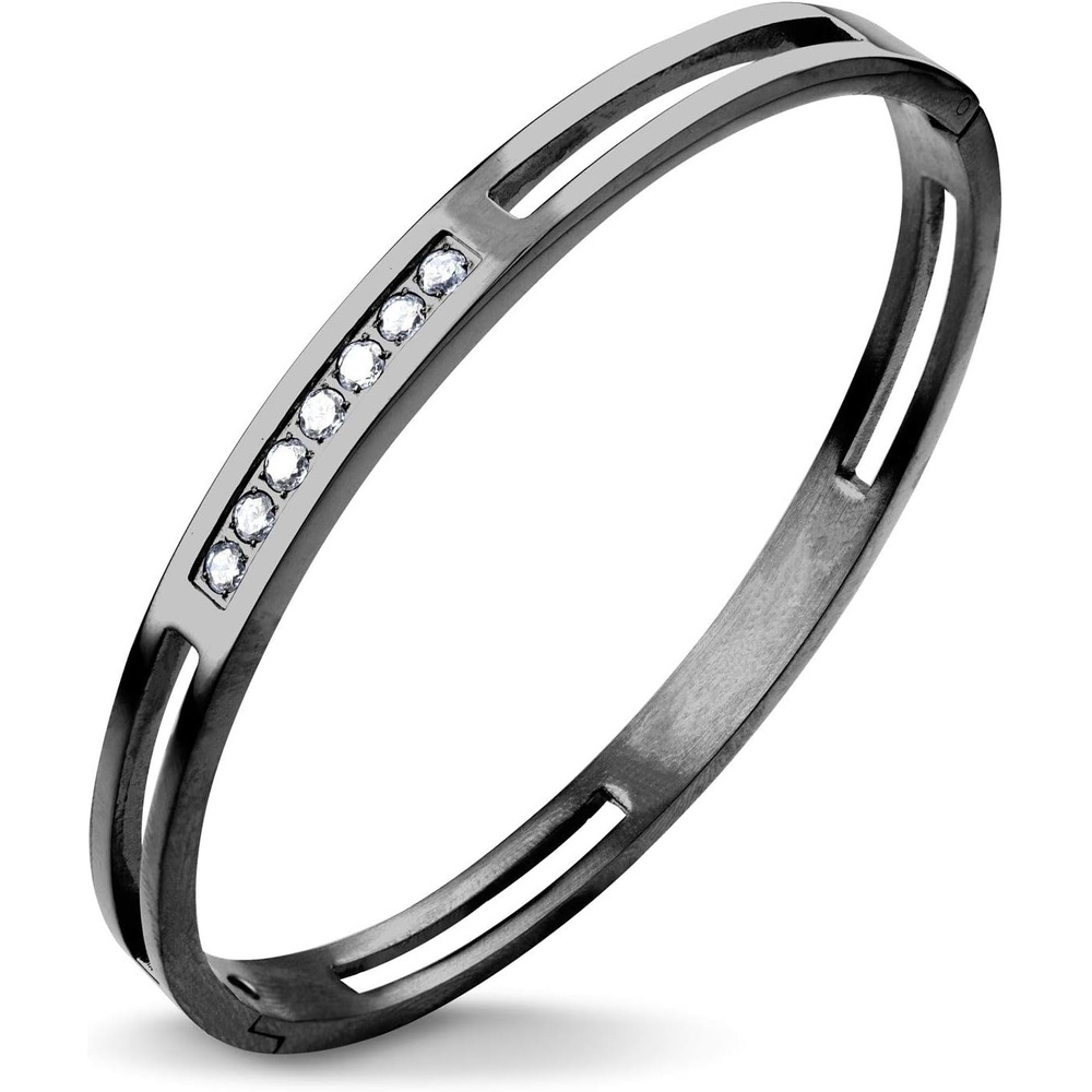 image:image555Jewelry Womens Stainless Steel Fashion CZ Studded Cuff Bangle BraceletBlack Grooved