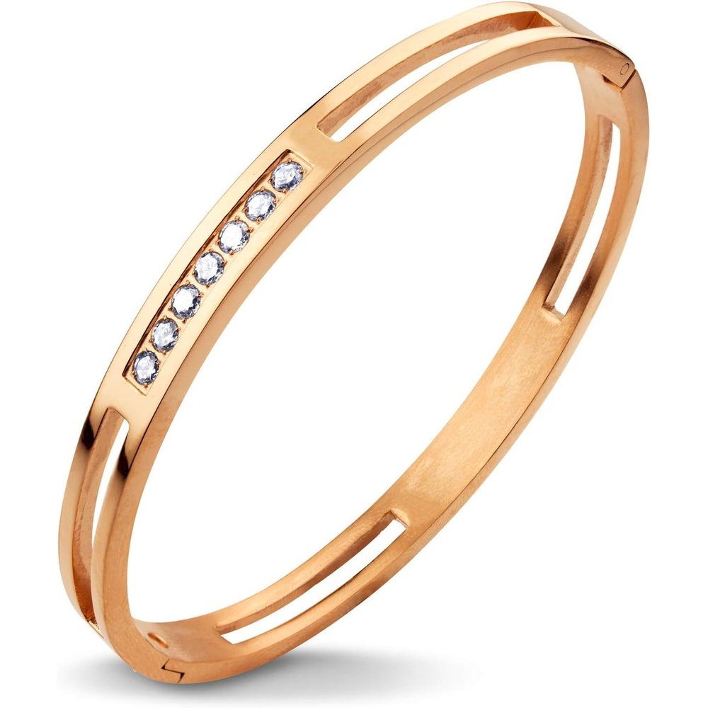 image:image555Jewelry Womens Stainless Steel Fashion CZ Studded Cuff Bangle BraceletPink Rose Gold Grooved