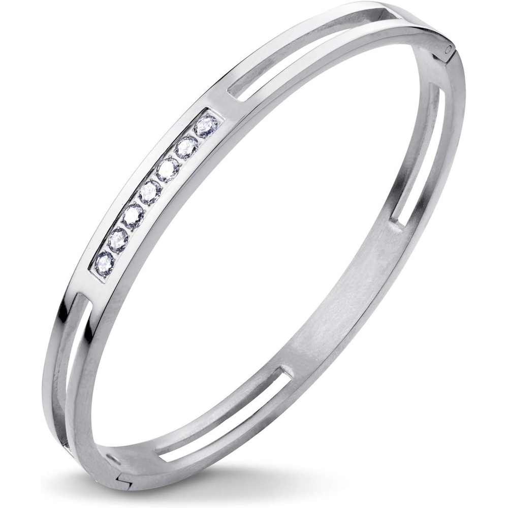 image:image555Jewelry Womens Stainless Steel Fashion CZ Studded Cuff Bangle BraceletSilver Grooved