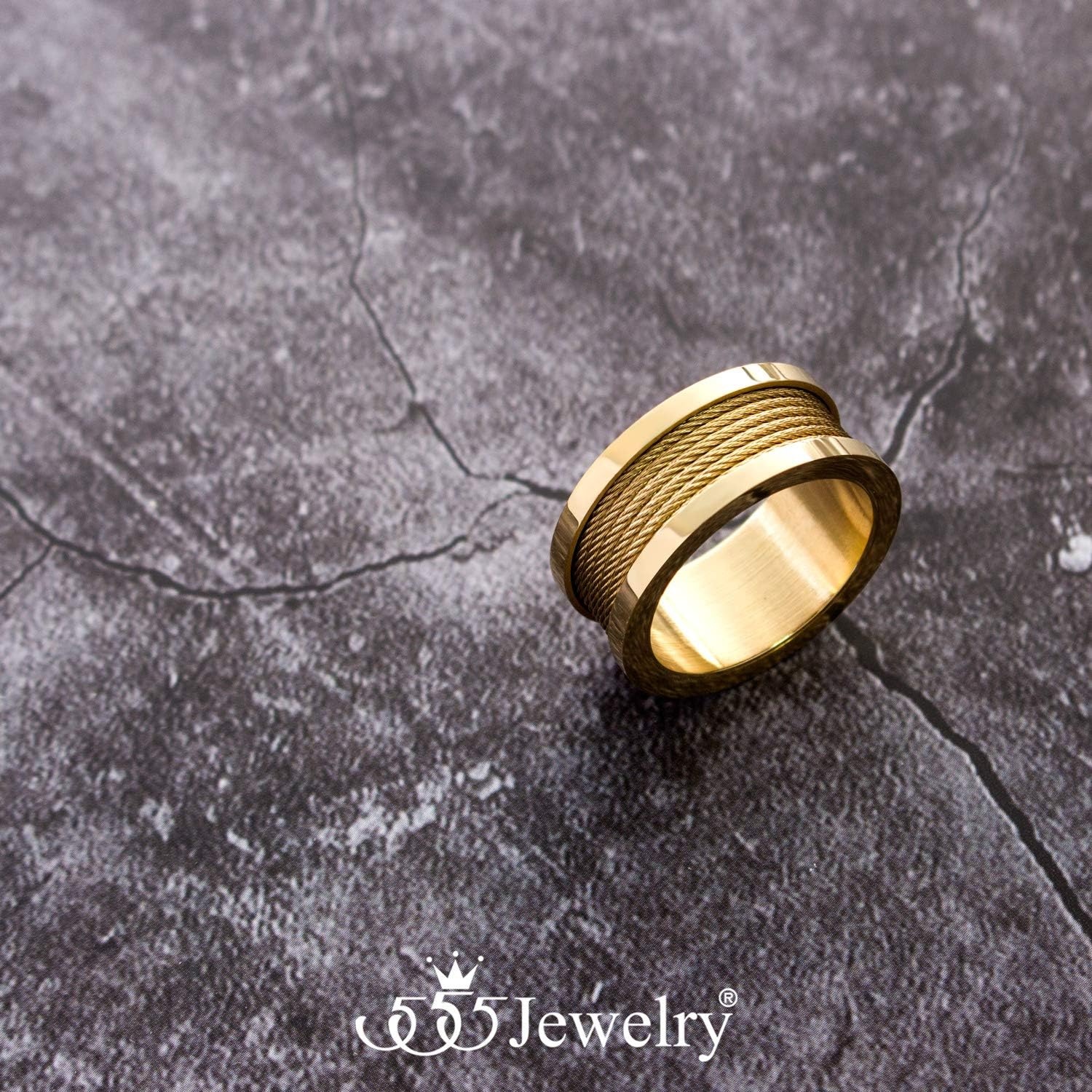 image:image555Jewelry 10mm Wide Stainless Steel Five Twisted Cable Rows Inlay Ring Wedding Band for MenGold