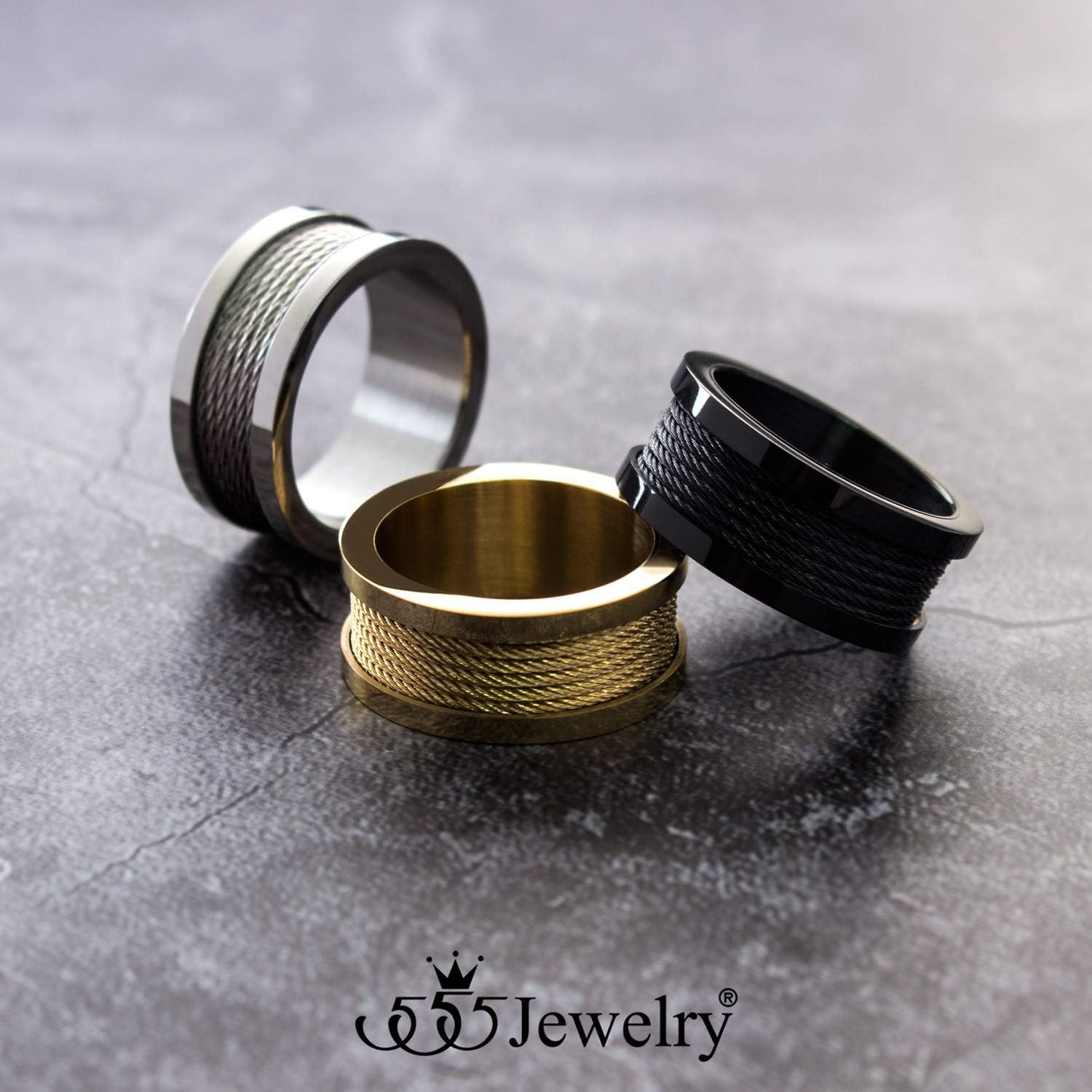 image:image555Jewelry 10mm Wide Stainless Steel Five Twisted Cable Rows Inlay Ring Wedding Band for MenGold