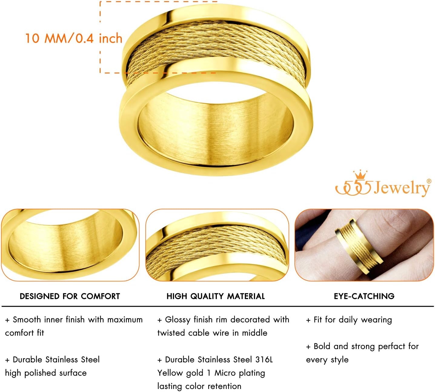 image:image555Jewelry 10mm Wide Stainless Steel Five Twisted Cable Rows Inlay Ring Wedding Band for MenGold
