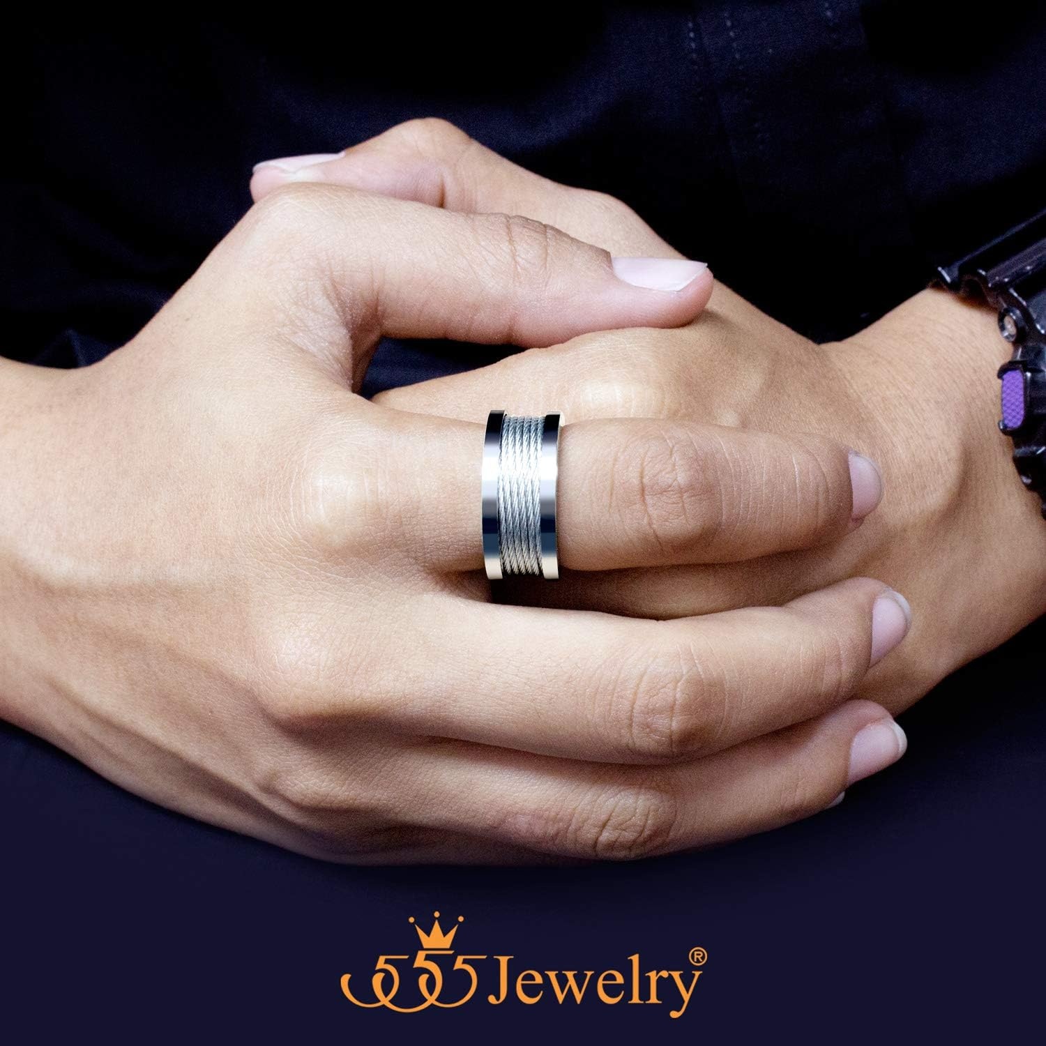 image:image555Jewelry 10mm Wide Stainless Steel Five Twisted Cable Rows Inlay Ring Wedding Band for MenSilver