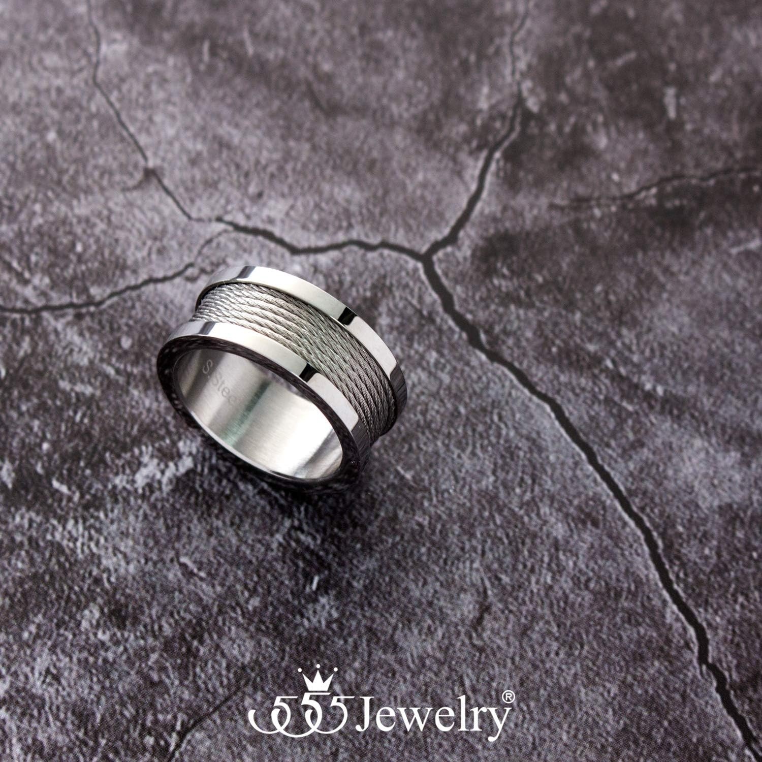 image:image555Jewelry 10mm Wide Stainless Steel Five Twisted Cable Rows Inlay Ring Wedding Band for MenSilver