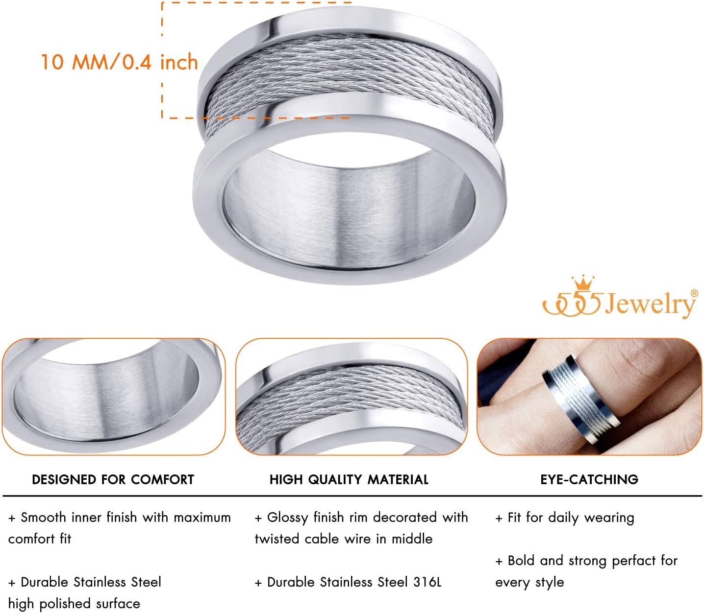 image:image555Jewelry 10mm Wide Stainless Steel Five Twisted Cable Rows Inlay Ring Wedding Band for MenSilver