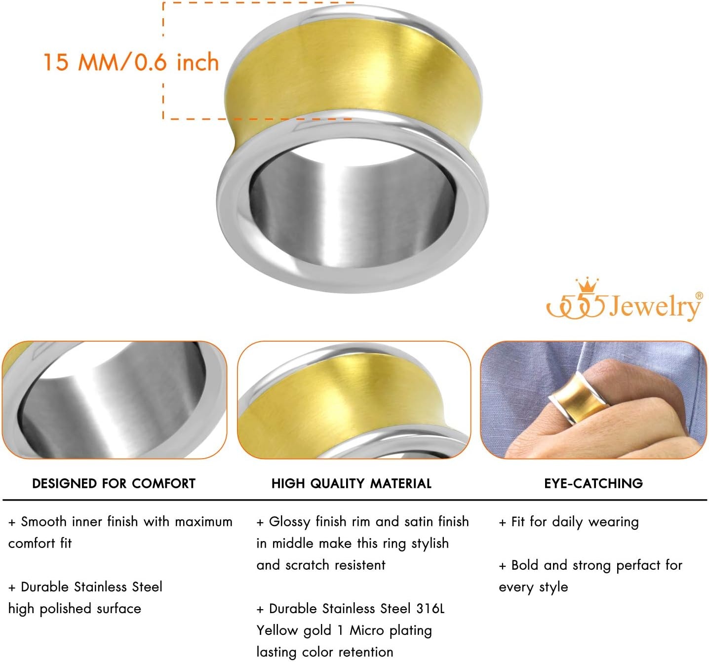 image:image555Jewelry 15mm Wide Thick Stainless Steel Concave Ring Wedding Band for MenSilver Gold