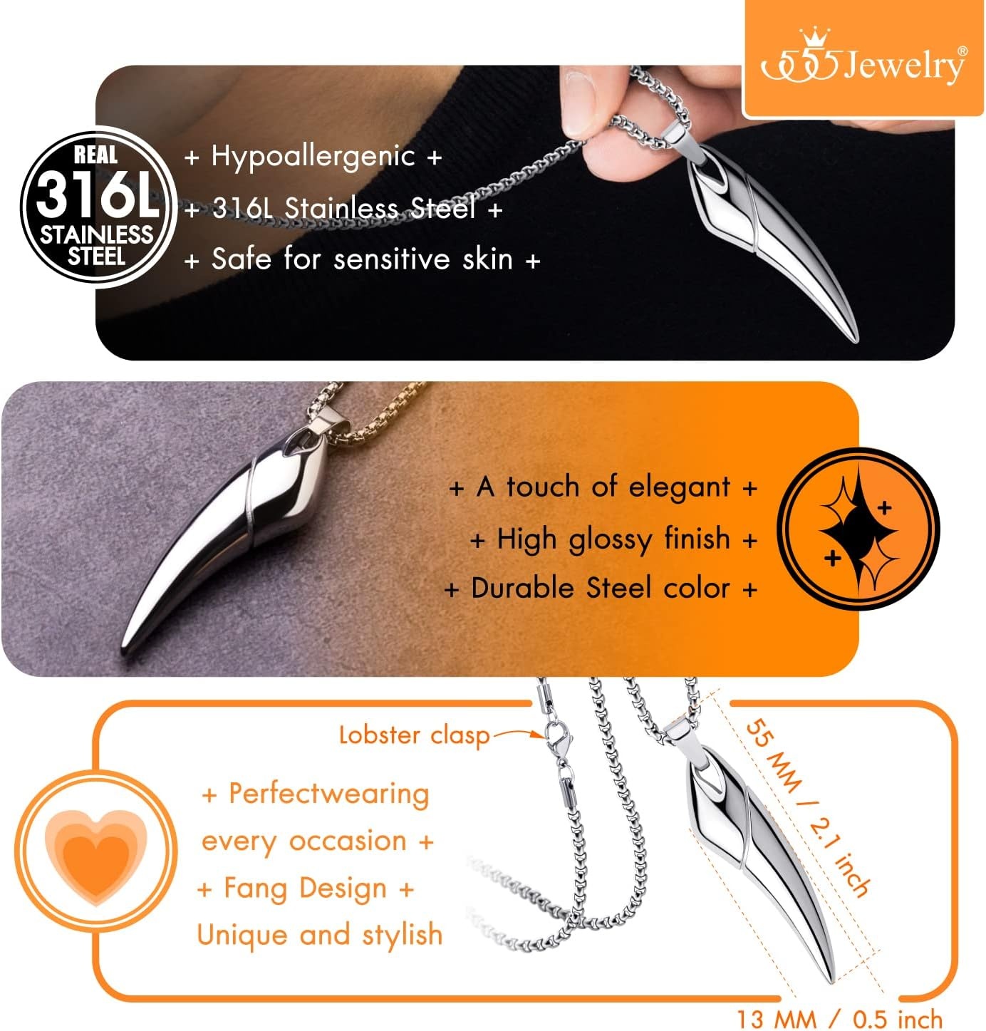 image:image555Jewelry 2 Tone Stainless Steel Horn Necklace for Men 1624 Inch Box ChainSilver