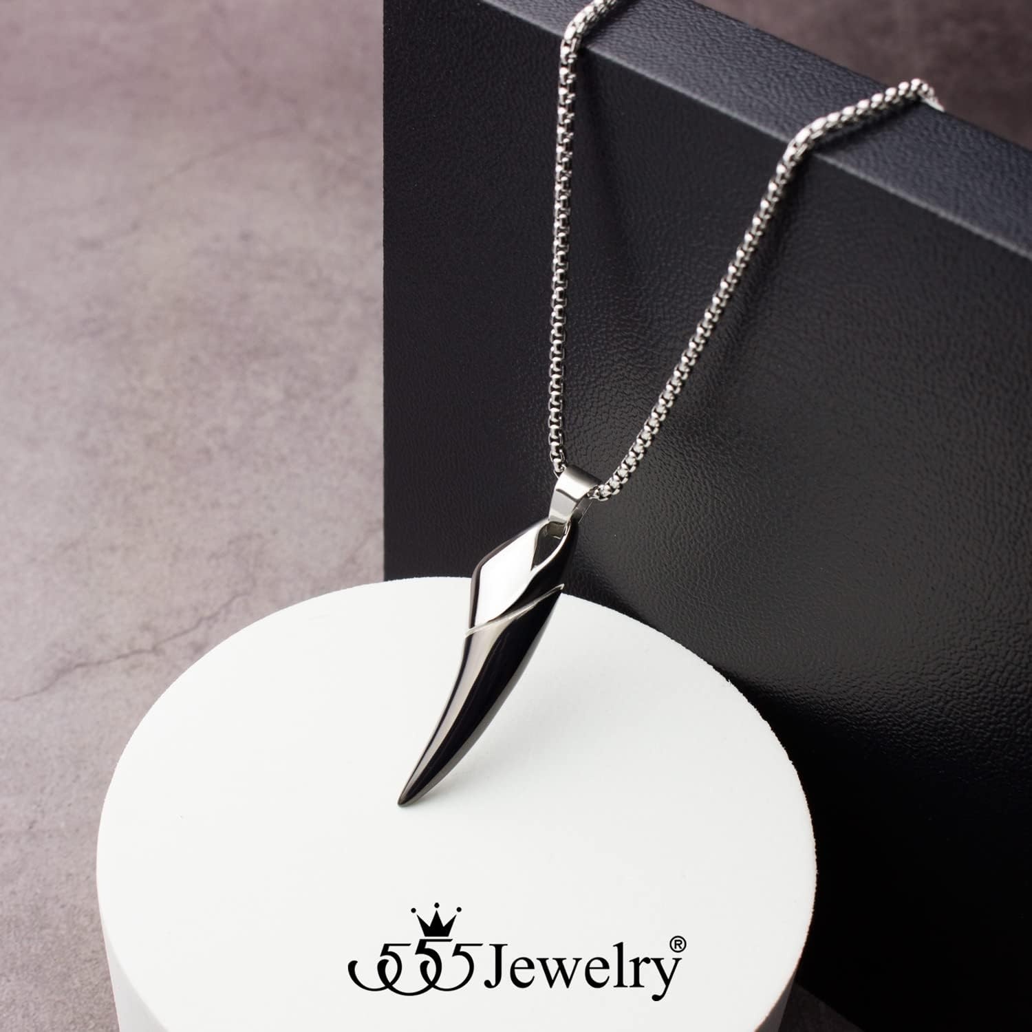 image:image555Jewelry 2 Tone Stainless Steel Horn Necklace for Men 1624 Inch Box ChainSilverBlack