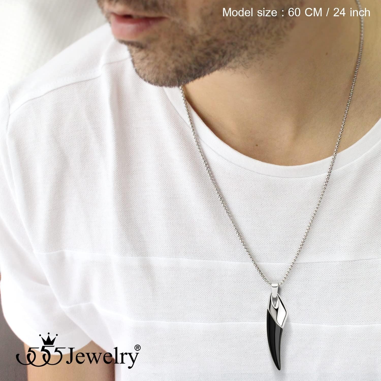 image:image555Jewelry 2 Tone Stainless Steel Horn Necklace for Men 1624 Inch Box ChainSilverBlack