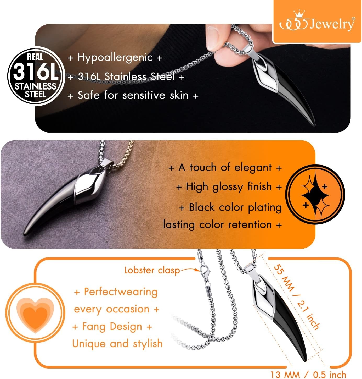 image:image555Jewelry 2 Tone Stainless Steel Horn Necklace for Men 1624 Inch Box ChainSilverBlack