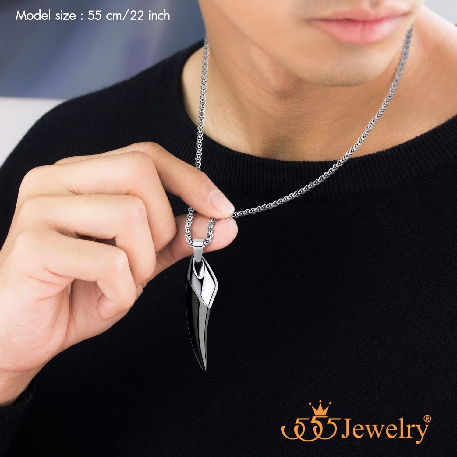 image:image555Jewelry 2 Tone Stainless Steel Horn Necklace for Men 1624 Inch Box ChainSilverBlack