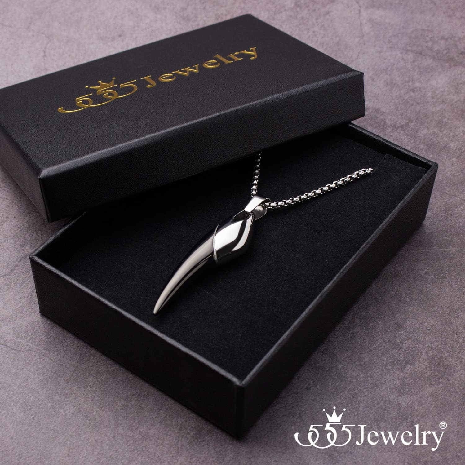 image:image555Jewelry 2 Tone Stainless Steel Horn Necklace for Men 1624 Inch Box ChainSilverBlack