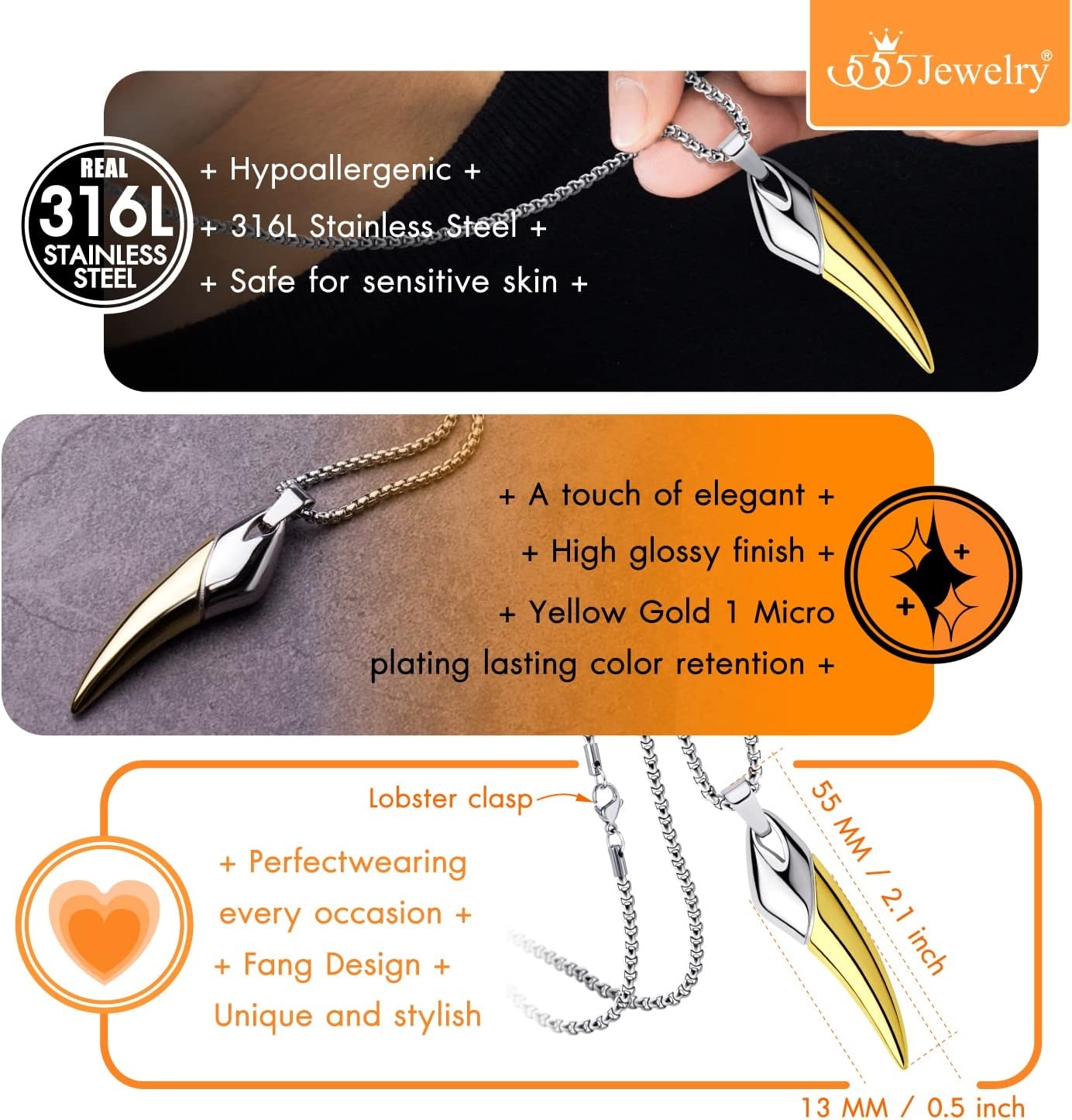 image:image555Jewelry 2 Tone Stainless Steel Horn Necklace for Men 1624 Inch Box ChainSilverGold