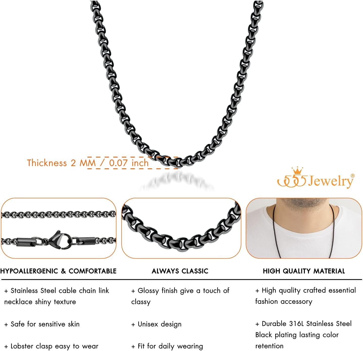 image:image555Jewelry 25mm Stainless Steel Box Chain Necklace for Men amp Women 1628 InchRound Box Chain Black