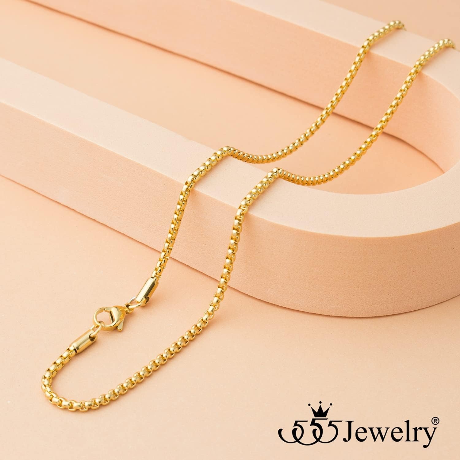 image:image555Jewelry 25mm Stainless Steel Box Chain Necklace for Men amp Women 1628 InchRound Box Chain Gold