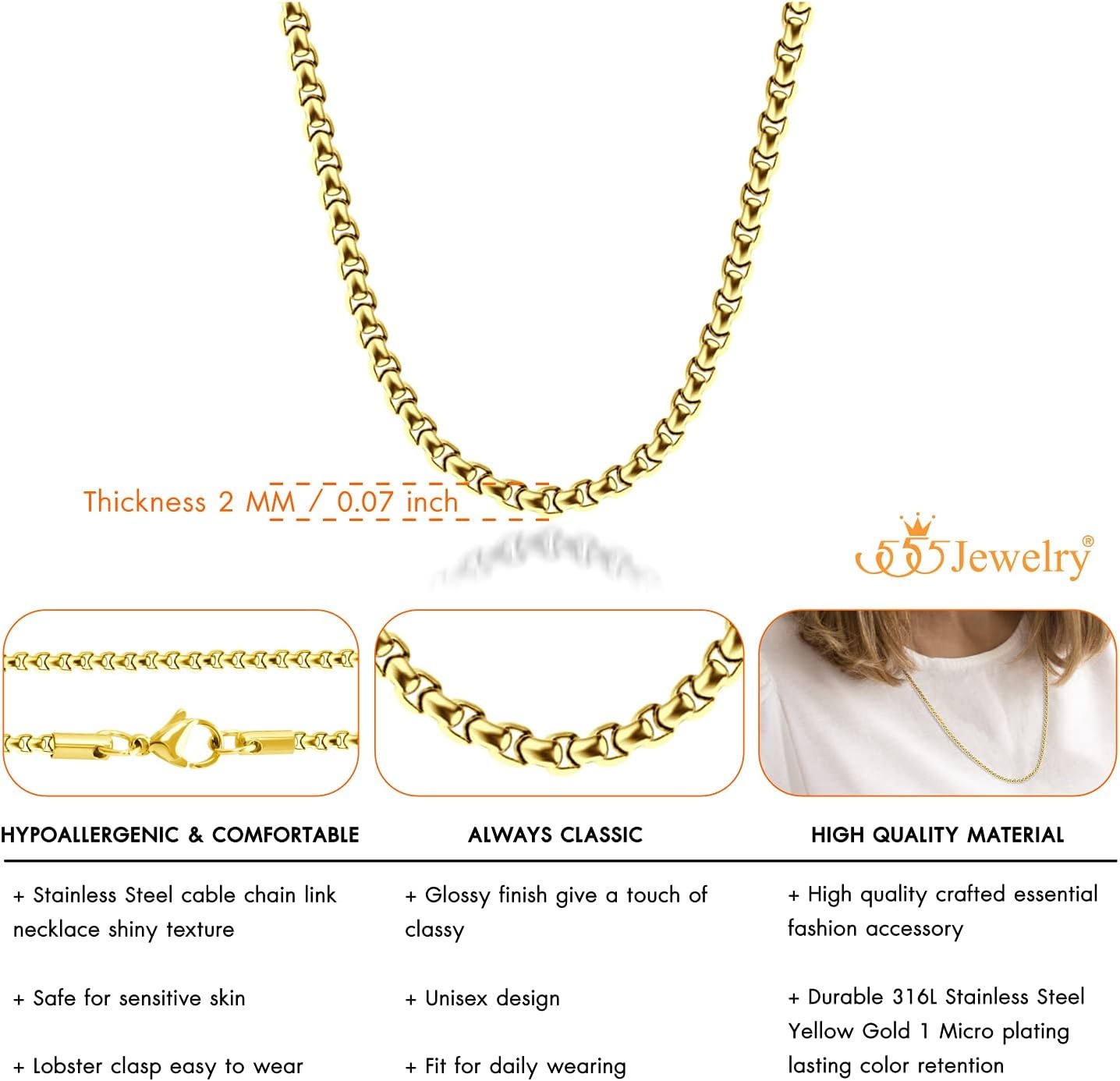 image:image555Jewelry 25mm Stainless Steel Box Chain Necklace for Men amp Women 1628 InchRound Box Chain Gold