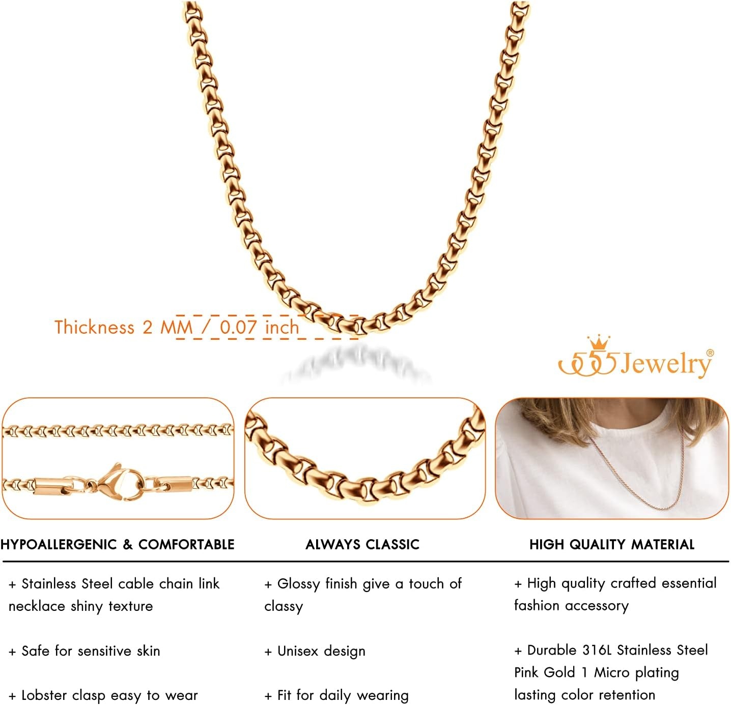 image:image555Jewelry 25mm Stainless Steel Box Chain Necklace for Men amp Women 1628 InchRound Box Chain Rose Gold