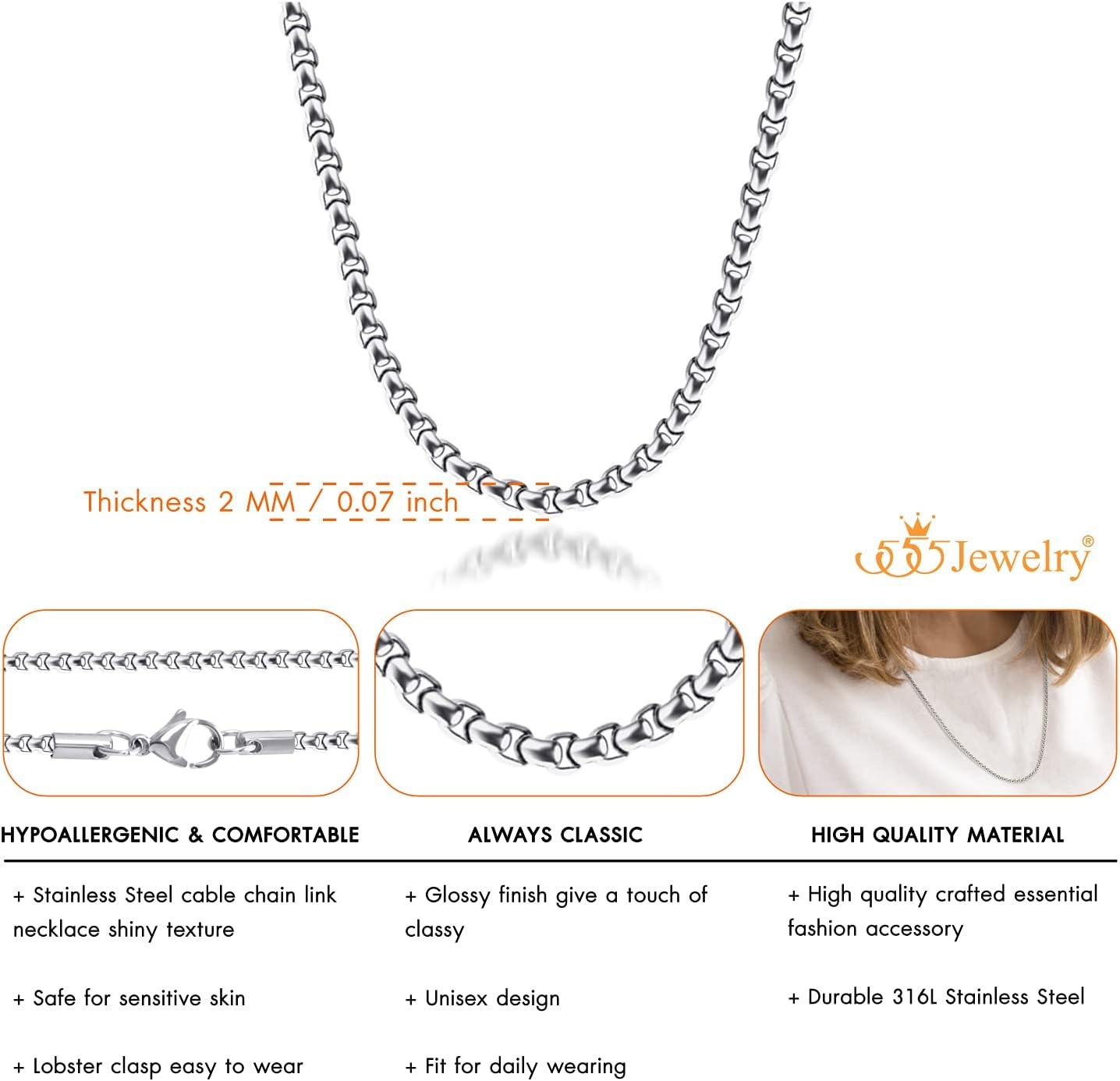 image:image555Jewelry 25mm Stainless Steel Box Chain Necklace for Men amp Women 1628 InchRound Box Chain Silver