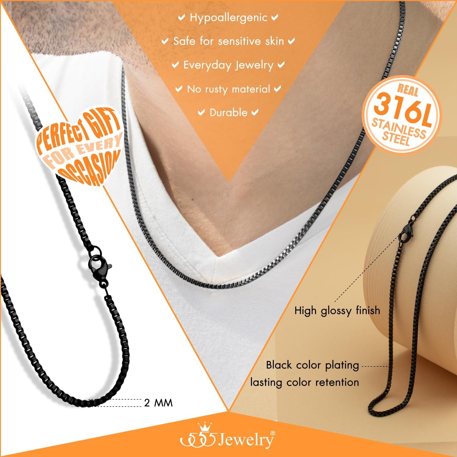 image:image555Jewelry 25mm Stainless Steel Box Chain Necklace for Men amp Women 1628 InchSquare Box Chain Black